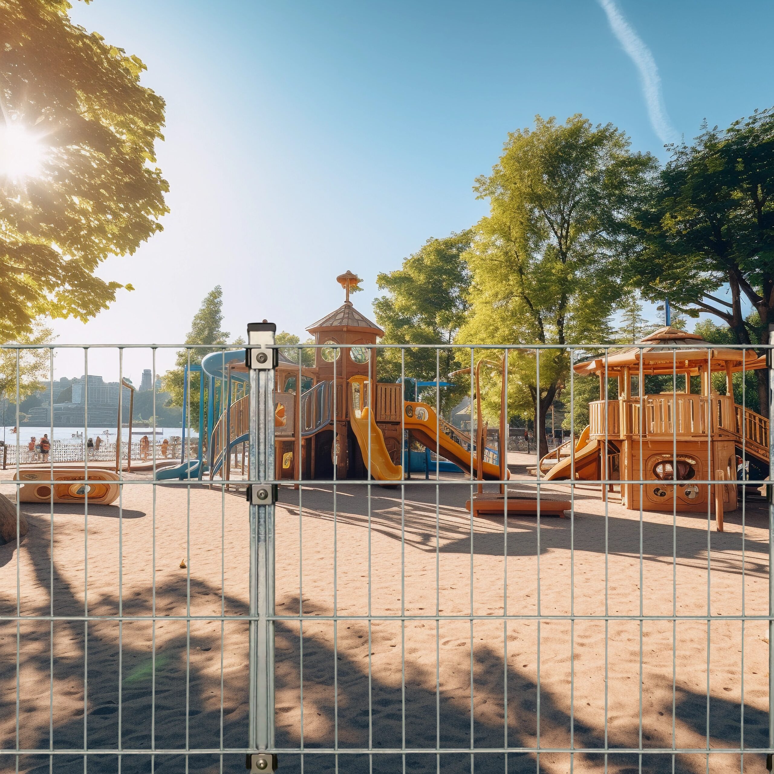 Doppelstabmattenzaun vor einem Spielplatz